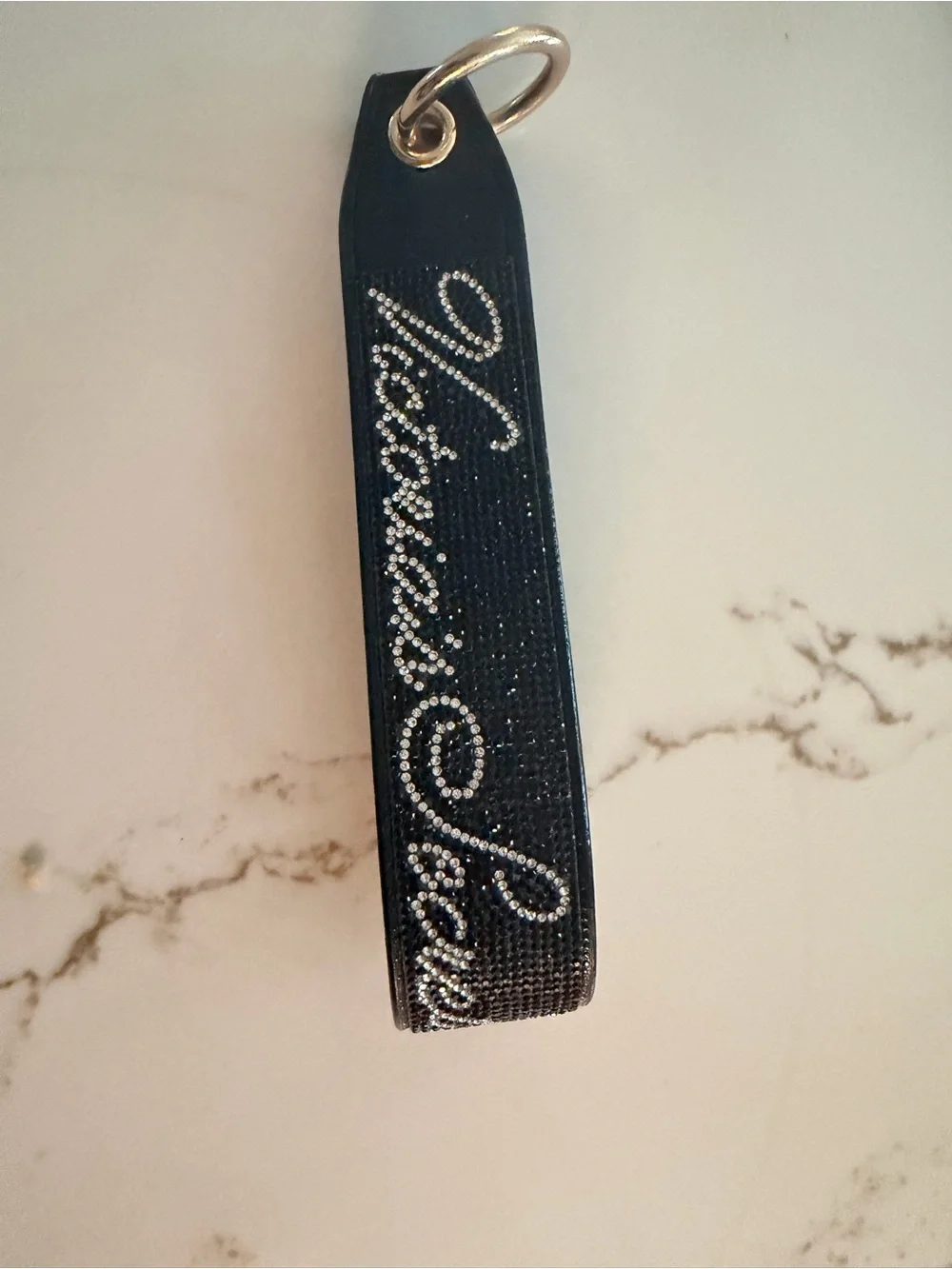 Victoria's Secret Black Rhinestone Script Wristlet Keychain